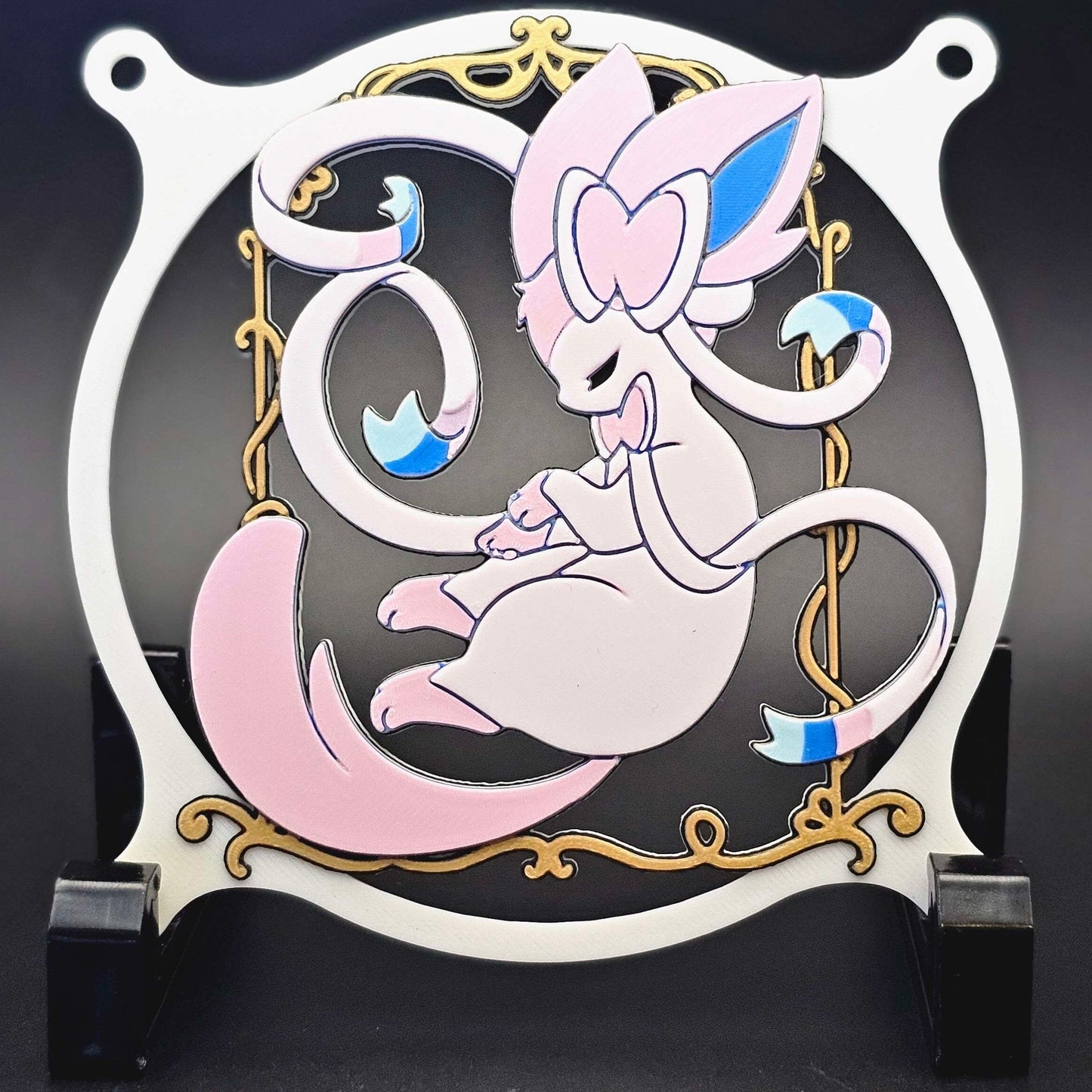 Pokemon Sylveon with Golden Frame Custom 3D Printed Artisan Gaming Computer Fan Grill